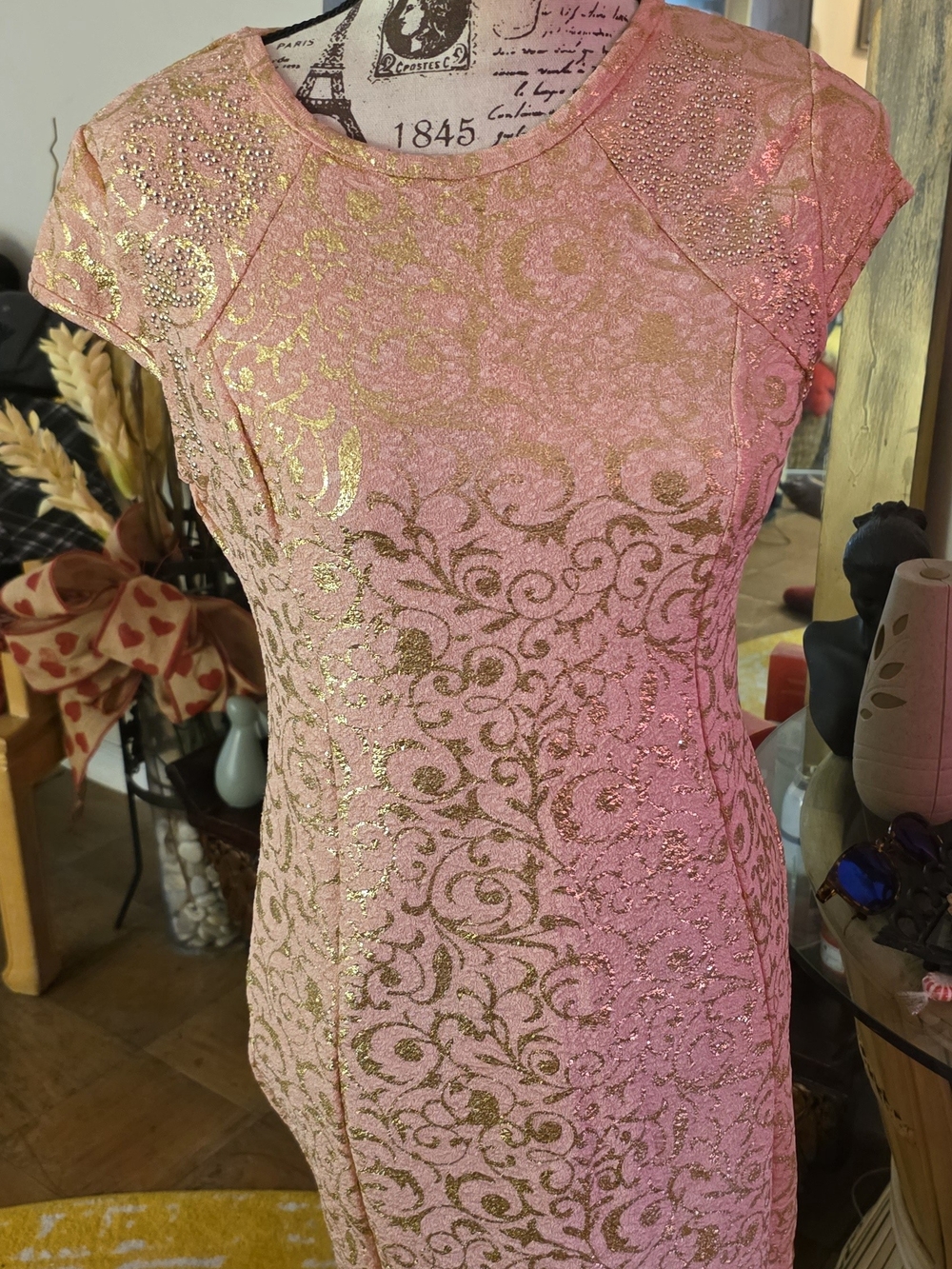 Pink Metallic Lace Sheath Dress